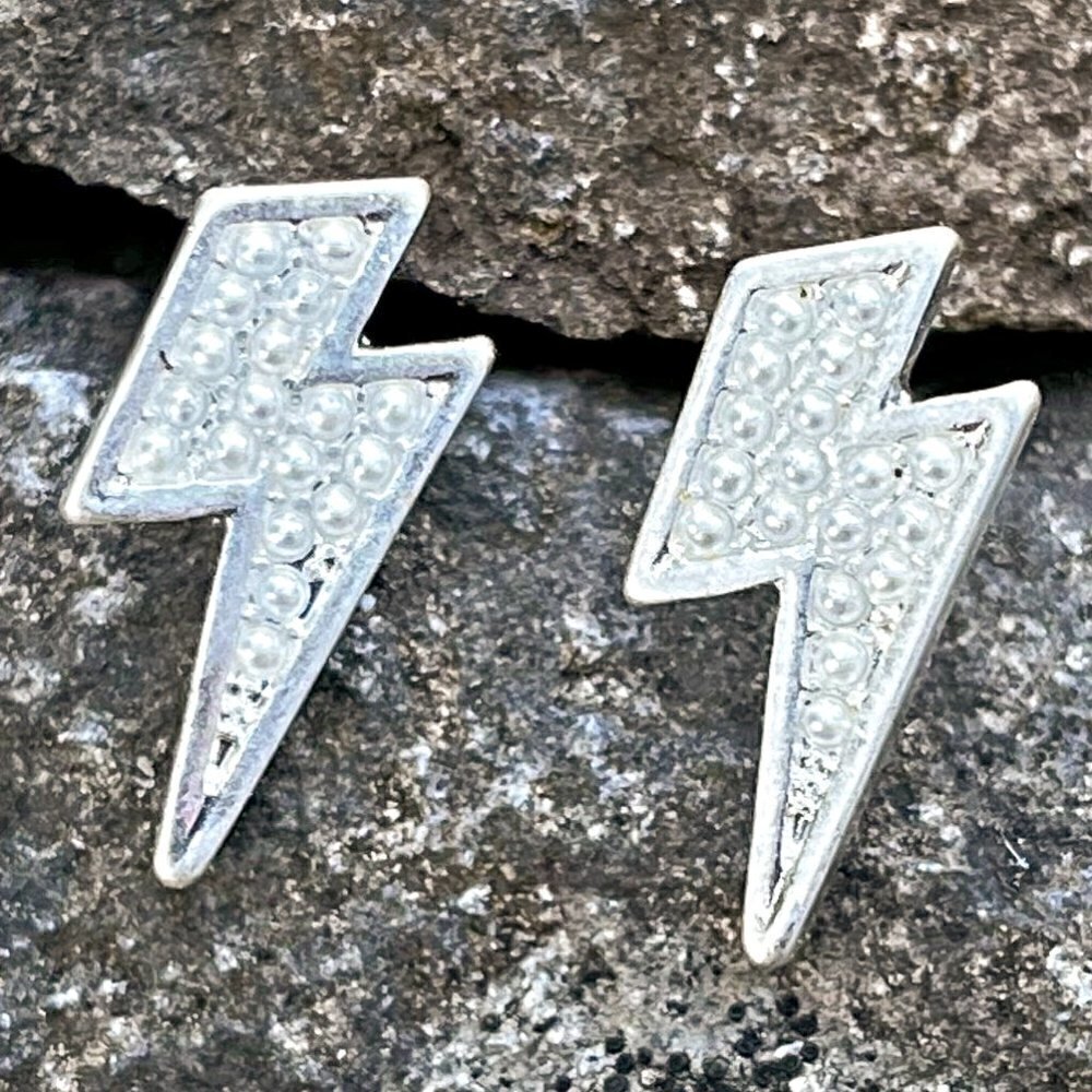 Silver Lightning Bolt Stud Earrings - Picture 3 of 4